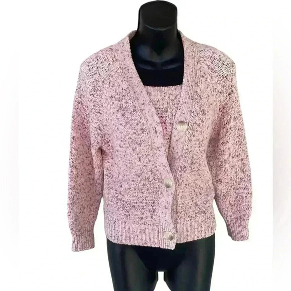 LOFT women’s knit two piece set cardigan pink 3 button super chick sz Small used - Picture 1 of 9